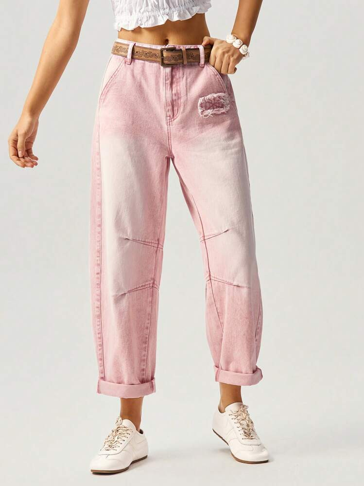 Bohemela Women's Casual Pink Denim Long Pants With Zipper Detail And Distressed Design | SHEIN