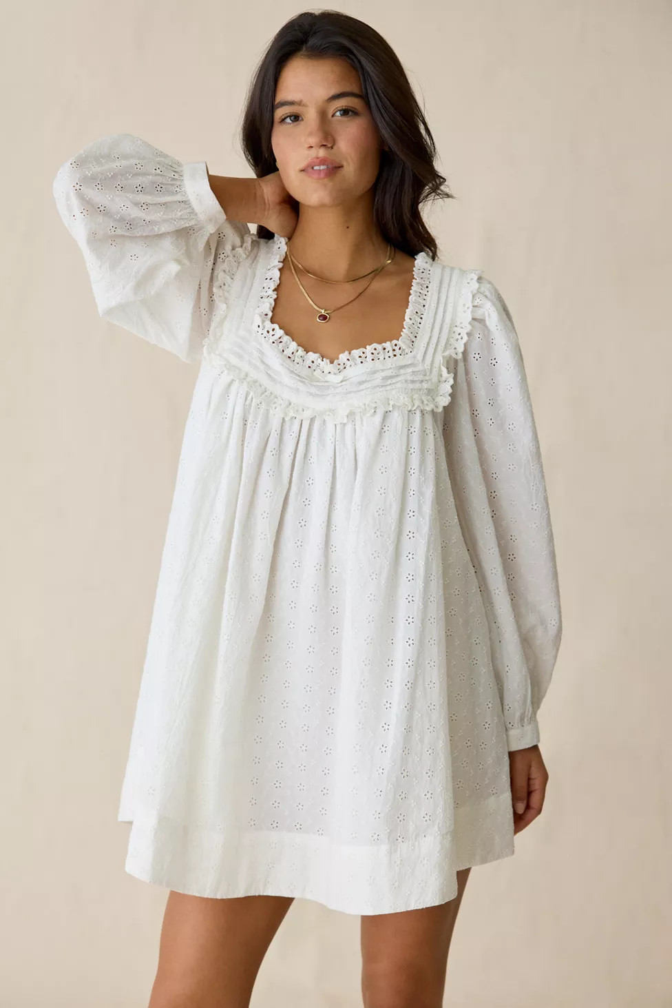 For Love & Lemons Susie Eyelet Lace Long Sleeve Babydoll Mini Dress | Urban Outfitters (US and RoW)