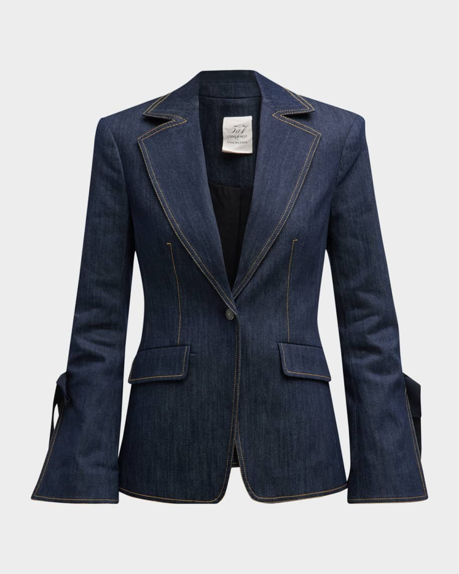 Cinq a Sept Lou Tie-Cuff Topstitched Denim Blazer | Neiman Marcus