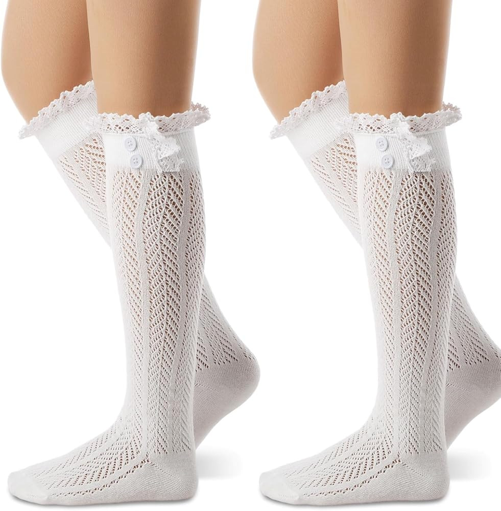 Syhood 2 Pair Long Button Boot Socks with Lace Trim Knit Boot Stockings Knee High Socks for Women... | Amazon (US)