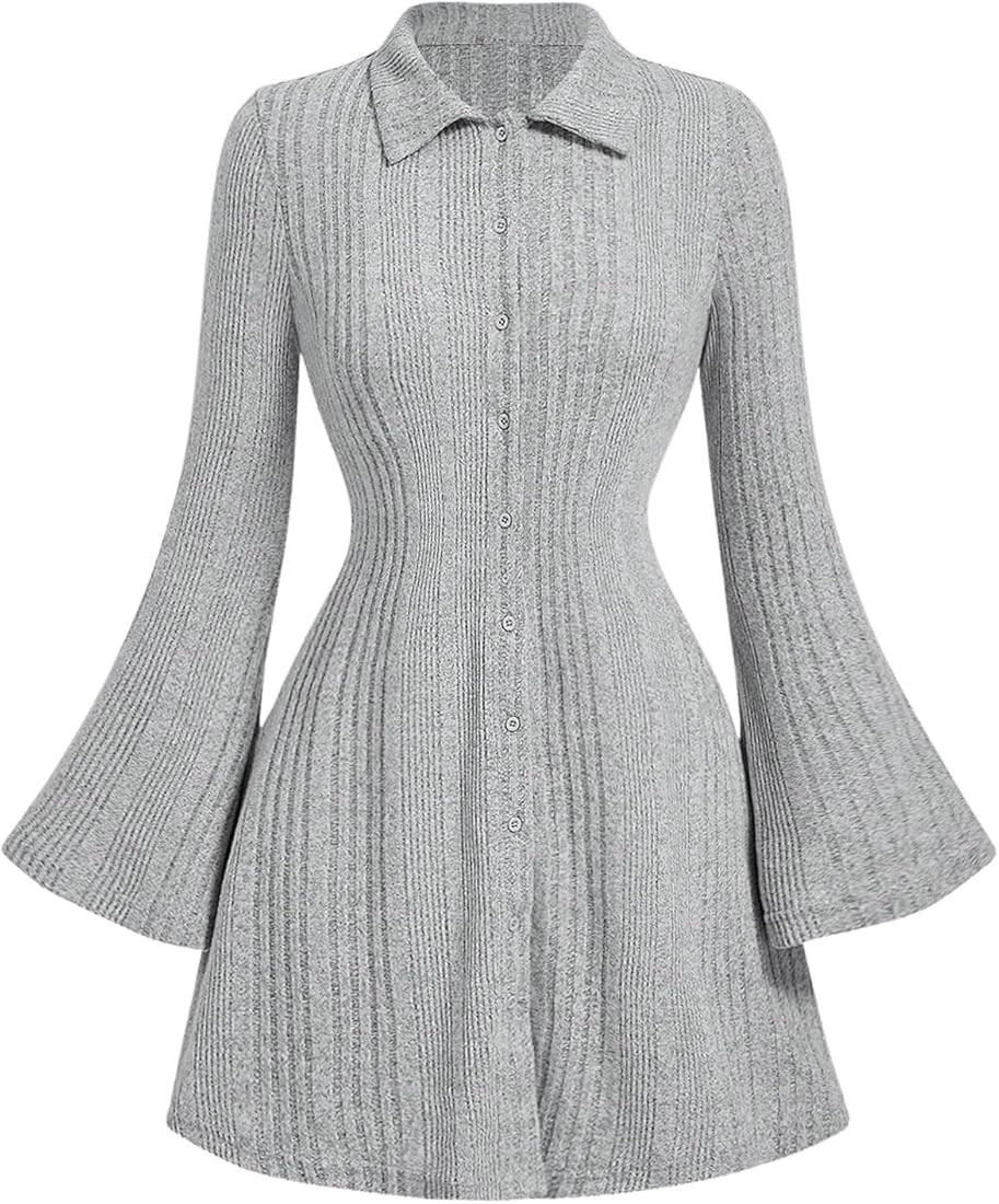 SOLY HUX Women's Button Down Rib Knitted Mini Dress Long Bell Sleeve Flowy Dresses Fall Clothes | Amazon (US)
