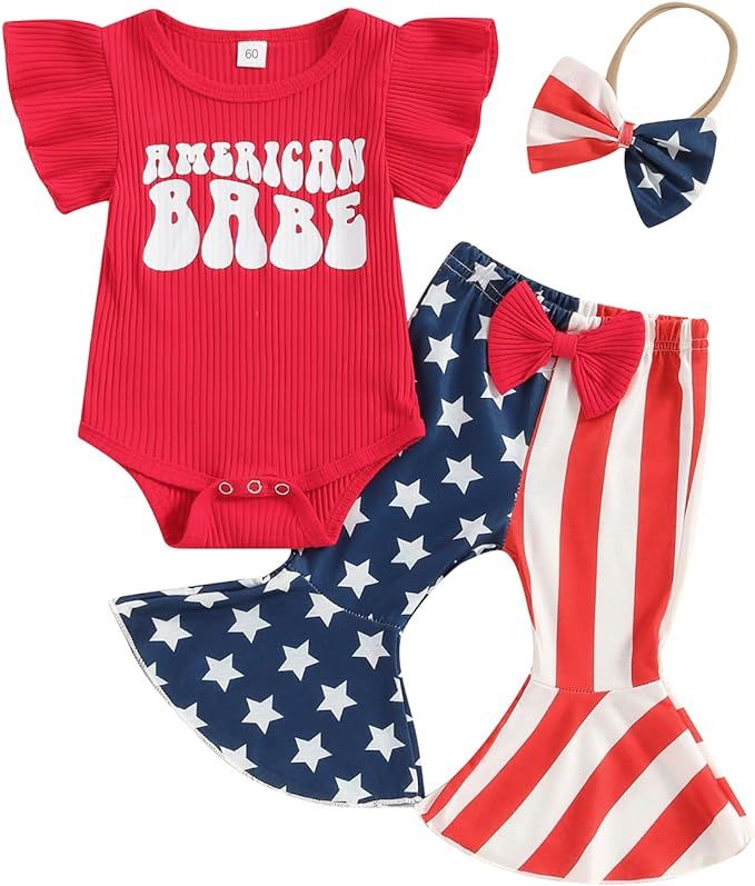 4th Of July Newborn Girl Outfits American Babe Short Sleeve Onesie Bell Bottoms Set Memorial Day ... | Amazon (US)