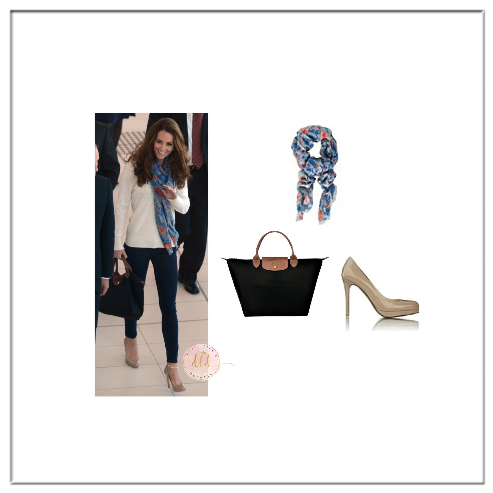 {Throwback} Kate Middleton at Brisbane Airport 9/2012 wearing Temperley London Lotus Scarf + Longchamp LePliage Mefoum Tote in Black + LK Bennett Sledge pumps 