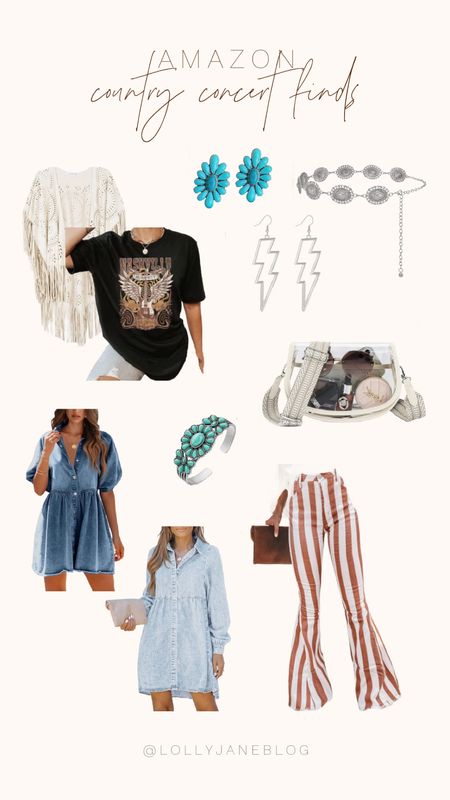 Amazon country concert outfits finds and accessories! 🫶🏻

Amazon is my favorite place for all things country! I absolutely looove these cute striped bell bottoms jeans! They would go perfectly with this black nashville t shirt! If you want to spice up the outfit, the fringe kimono is a fun boho vibe to go with! These cute mid length denim dresses have 2 different sleeve styles for any vibe you wanted to go with. i love these puffy sleeves on the first dress!! A clear boho bag is the best for concerts, and is adorable in itself. Western jewelry and accessories are a fun way to top it all off! 💕

#LTKparties #LTKbeauty #LTKstyletip