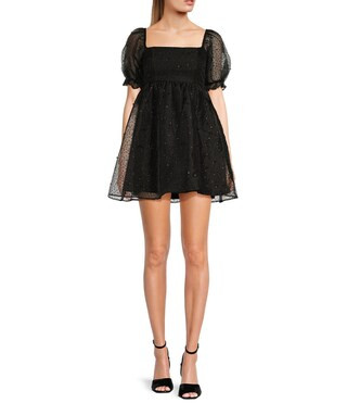 Rhinestone Pearl Square Neck Puff Sleeve Dress | Dillard's