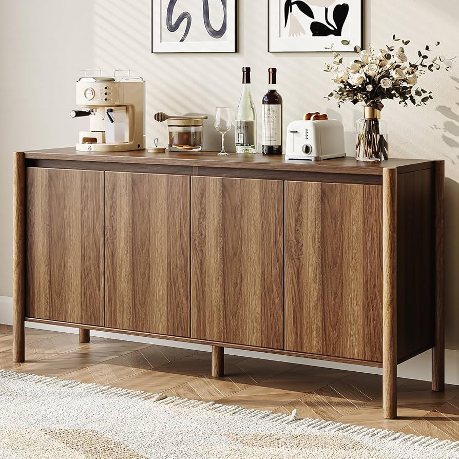 CHUWELL Walnut Sideboard Buffet Cabinet - 59" Mid Century Buffet Storage Cabinet with 4 Doors, Ad... | Amazon (US)