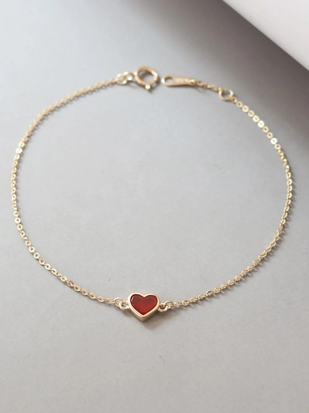 14k Solid Gold Red Heart Bracelet Anniversary Gifts, Fine Bracelets Stacking, Layered Minimalist ... | Etsy (US)