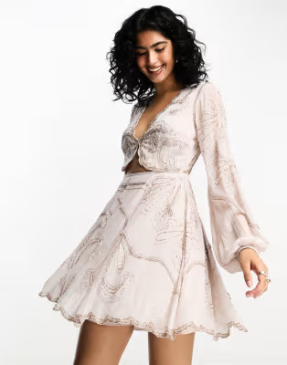 ASOS DESIGN embellished long sleeve cut out mini dress in lilac | ASOS (Global)