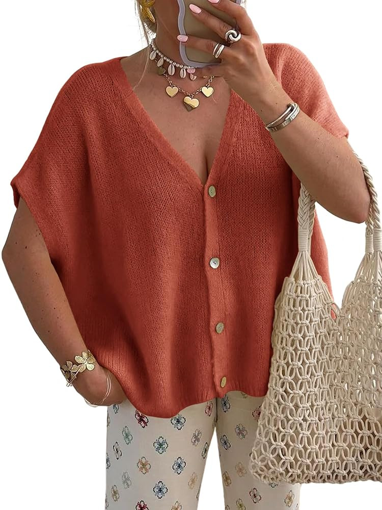 Saodimallsu Womens Summer Oversized Cardigans Batwing Short Sleeve Lightweight Button V Neck Casu... | Amazon (US)