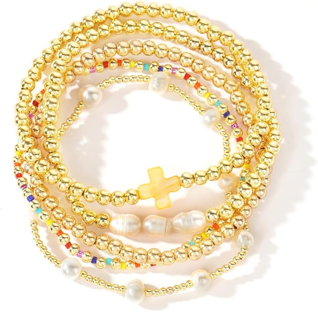 Cute 14K Gold Plated Pearl Yellow Beaded Cross Bracelets Stack Set for Women,Stretch Boho Christi... | Amazon (US)