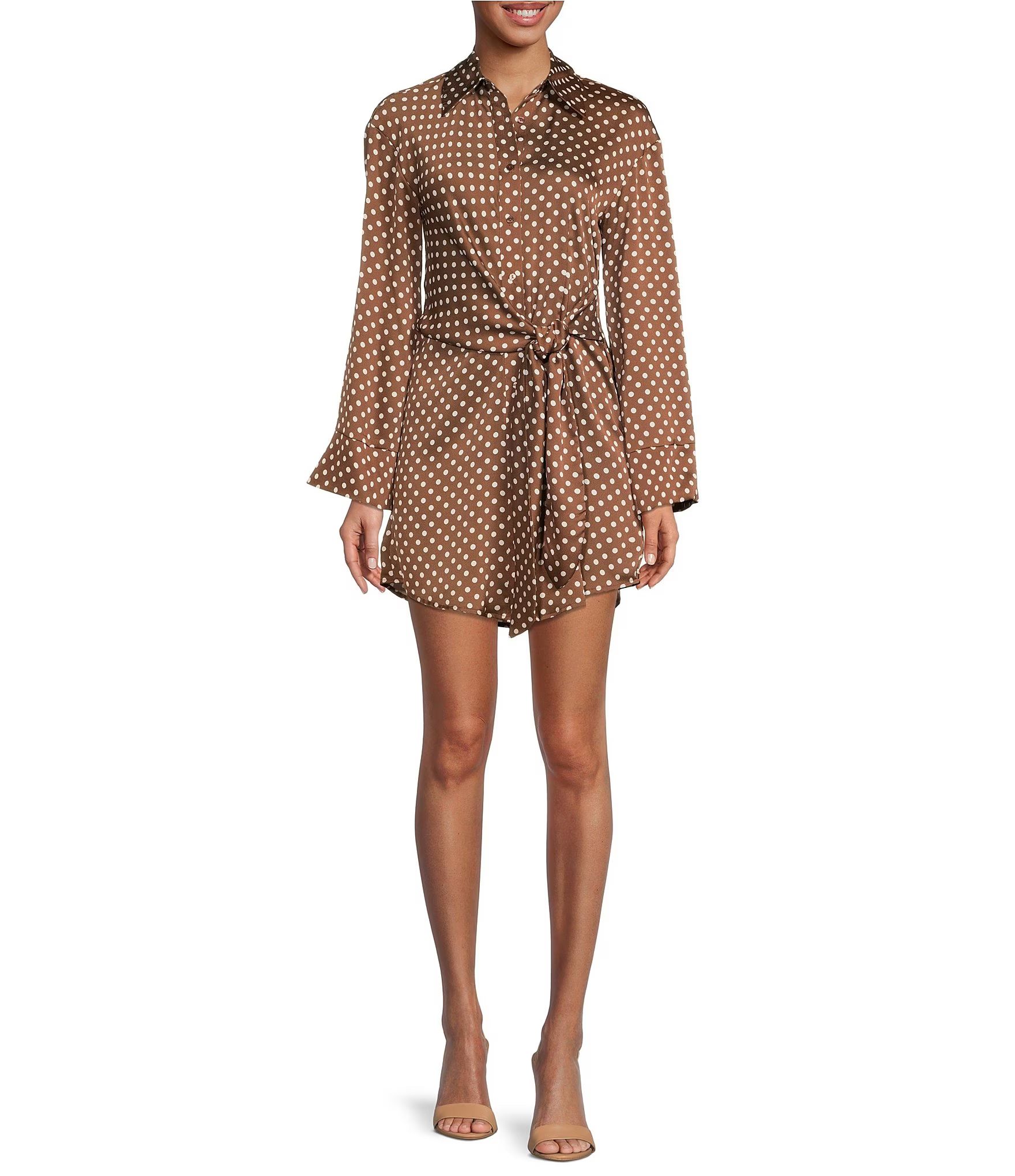 Gianni Bini Mina Polka Dot Print Button Down Collar Long Sleeve Tie Waist Mini Shirt Dress | Dill... | Dillard's