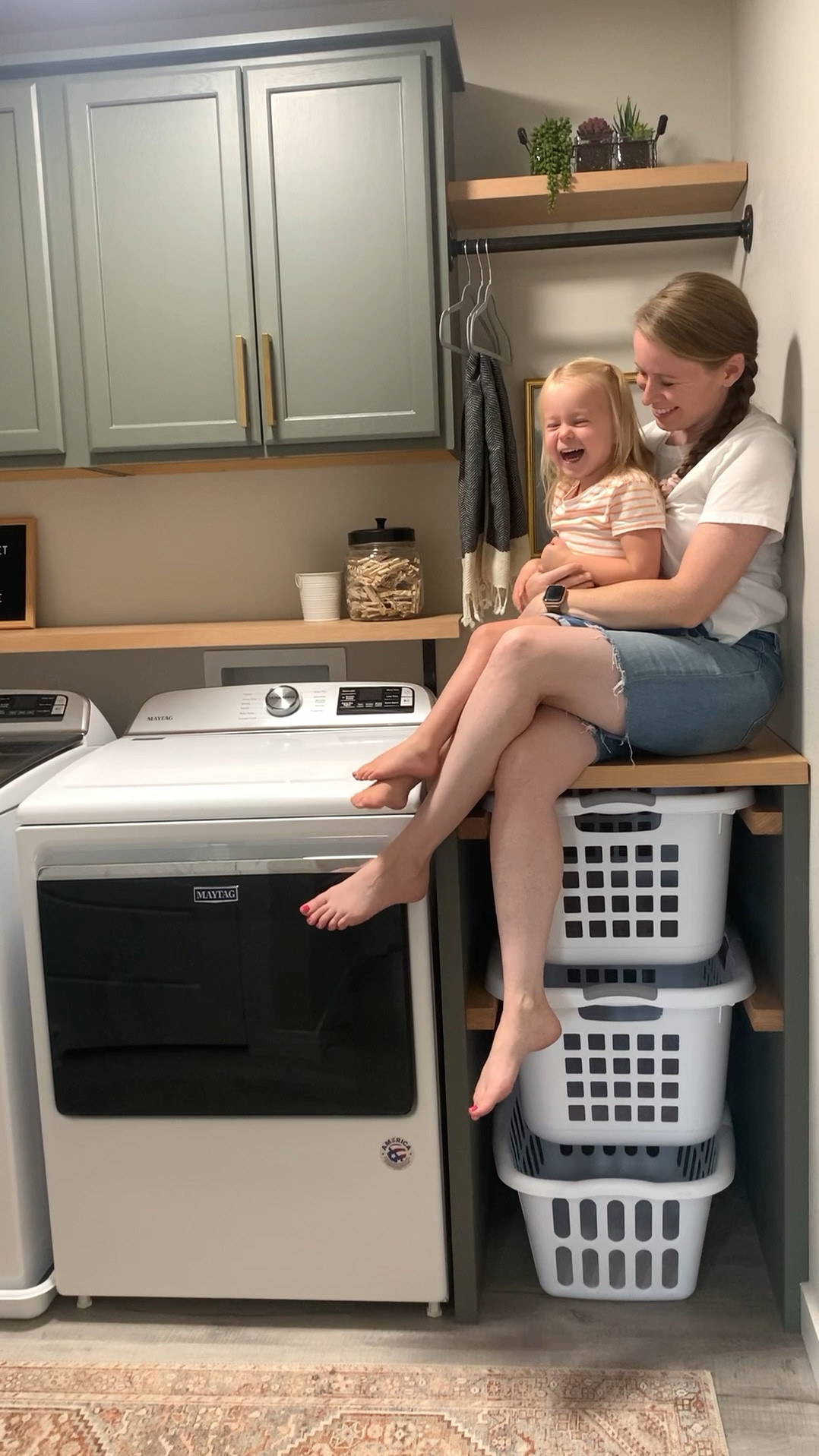 The laundry room was the first room I renovated in our home. I added cabinets, shelving and this cool basket storage for dirty and clean laundry. The thing that ties it all together is the Loloi runner from CLJ. I love the colors of this rug that tie in the green cabinets and the raw wood. It is soft and still looks brand new after 3 years of use.   

#LTKVideo #LTKhome #LTKsalealert