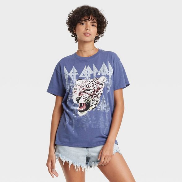Women's Def Leppard Animal Print Short Sleeve Graphic T-Shirt - Navy | Target