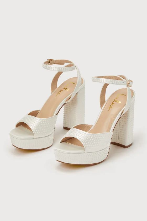 Pearlla White Satin Pearl Platform Ankle Strap High Heel Sandals | Lulus (US)