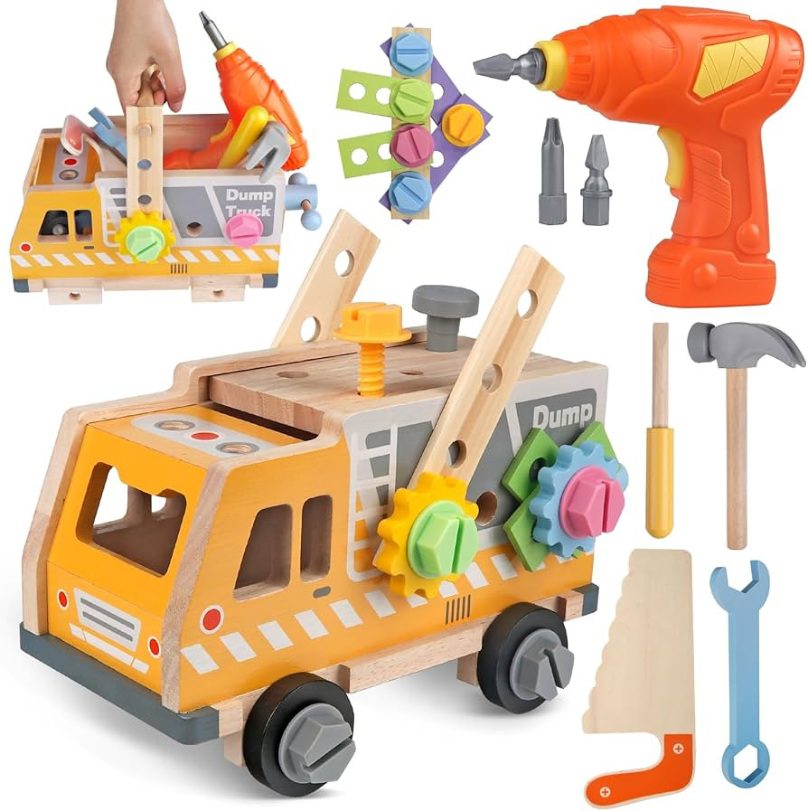 Aliex 38PCS Kids Wooden Truck Tool Set with Toy Drill for Toddlers Ages 3 4 5 6,Montessori STEM E... | Amazon (US)
