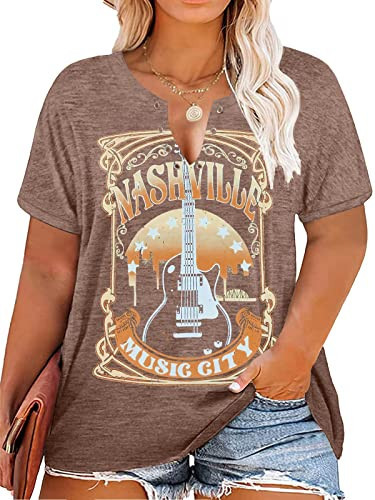 Women Plus Size Tops Country Music Shirts Concert Outfit Ring Hole Short Sleeve V-Neck Vintage Guitar Graphic Tees | Amazon (US)