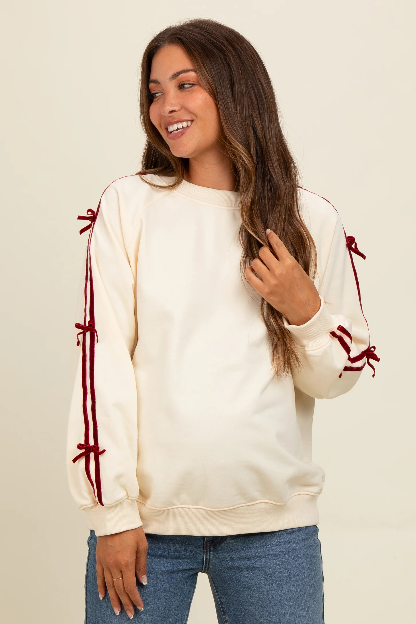 Cream Velvet Bow Accent Maternity Sweatshirt | PinkBlush Maternity