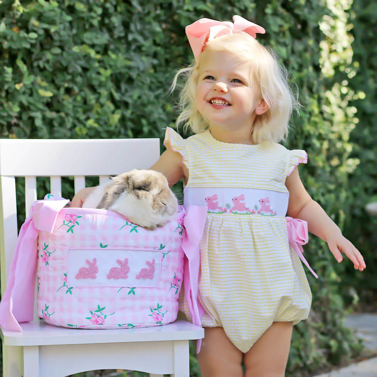 Hoppy Bunnies Yellow Smocked Beverly Bubble | Classic Whimsy