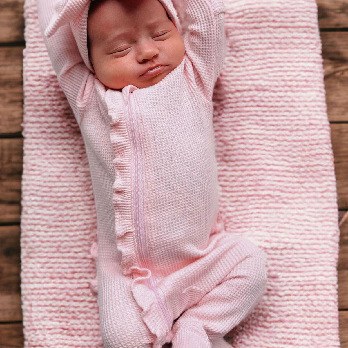 Organic Waffle Ruffle Zip Footie, Blush | SpearmintLOVE