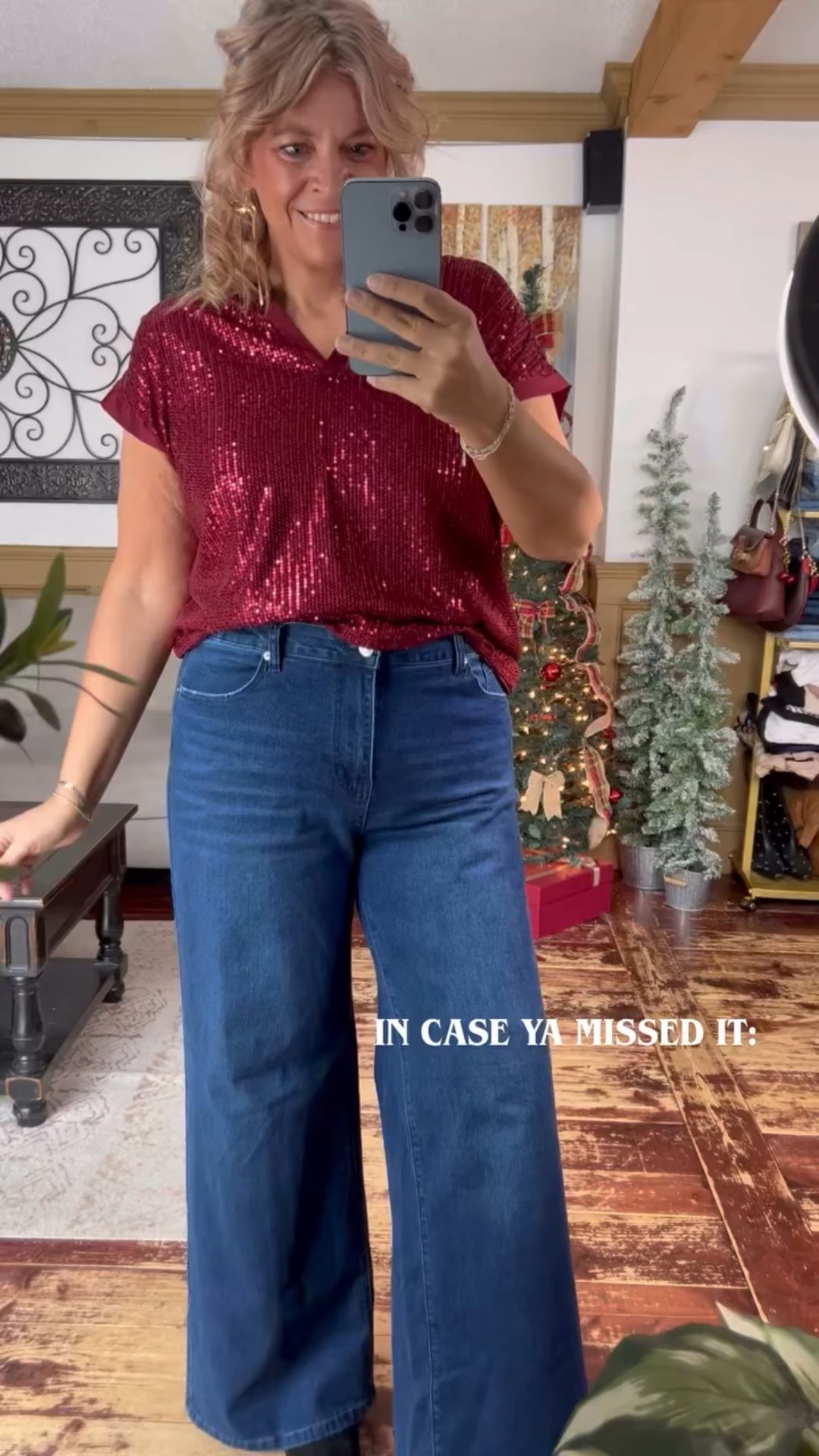 IN CASE YA MISSED IT: sequin short sleeve top and wide leg jeans both size xl 

#LTKMidsize #LTKSeasonal #LTKHoliday