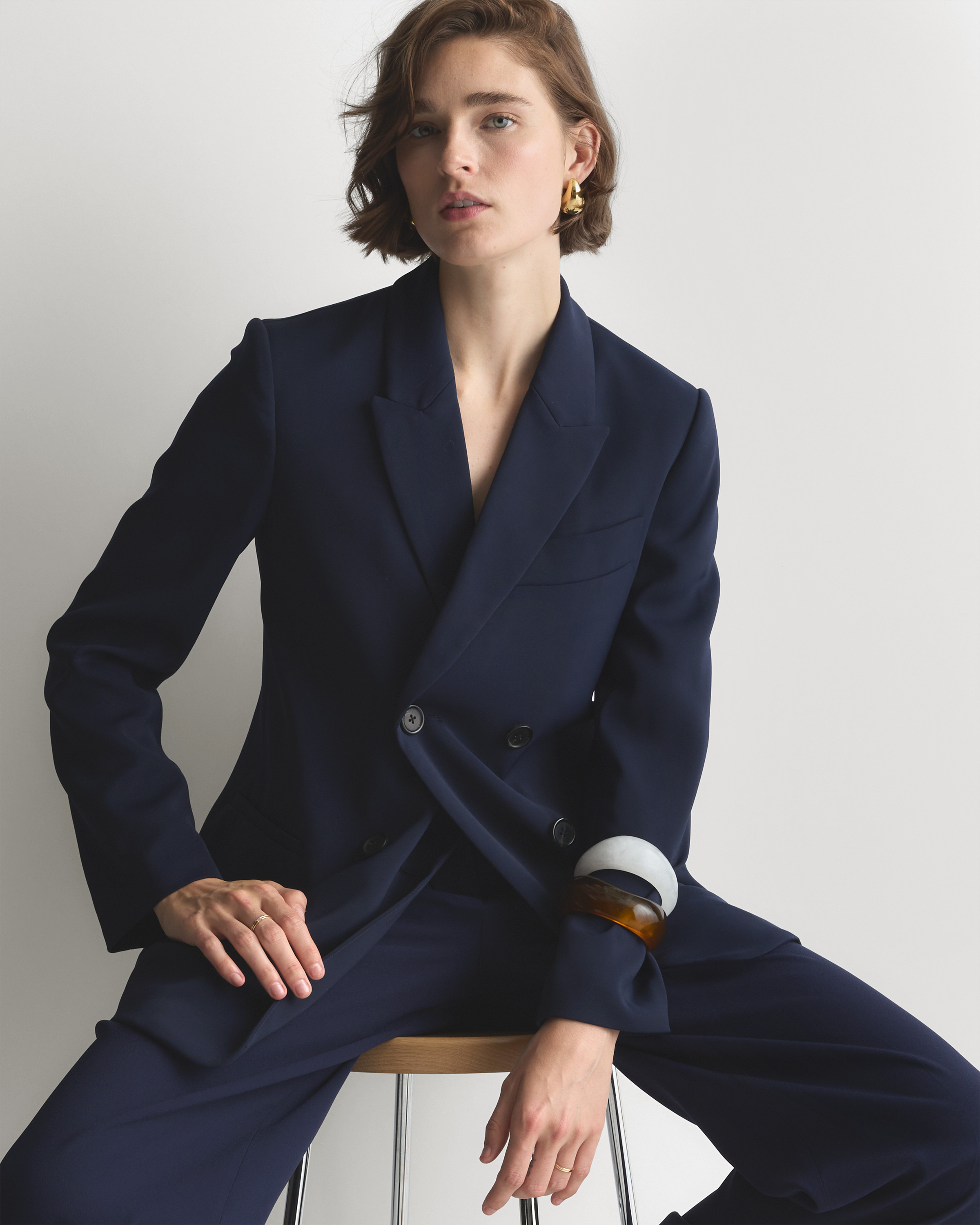 Stretch Crepe Relaxed Double-Breasted Blazer in Black | Quince