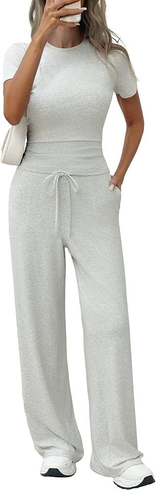 Women's 2 Piece Set Soft Lounge Sets Short Sleeve Slim Tops and High Waisted Wide Leg Pants Outfi... | Amazon (US)