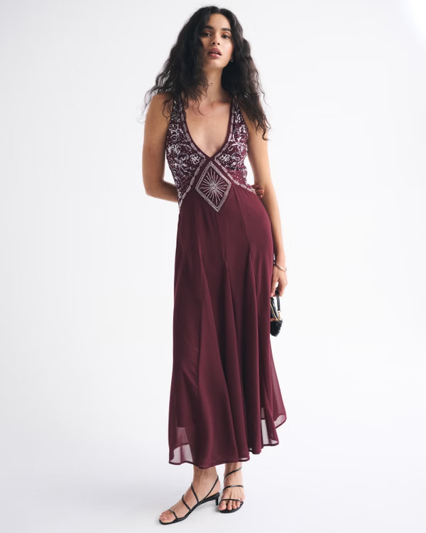 Women's Beaded Plunge Maxi Dress | Women's Dresses & Jumpsuits | Abercrombie.com | Abercrombie & Fitch (US)