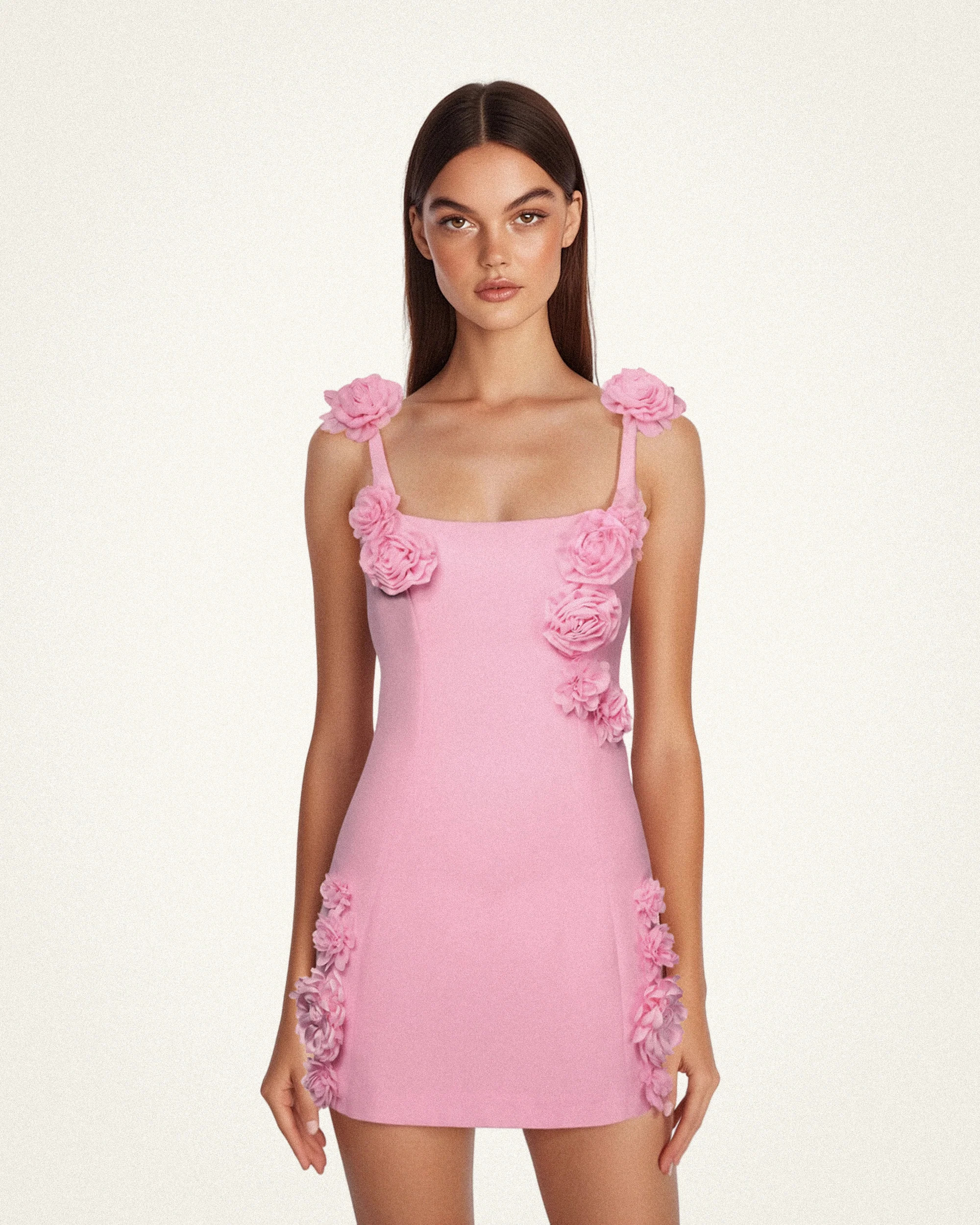 Elaina Pink Rosette Applique Mini Dress-Pink | JW PEI US