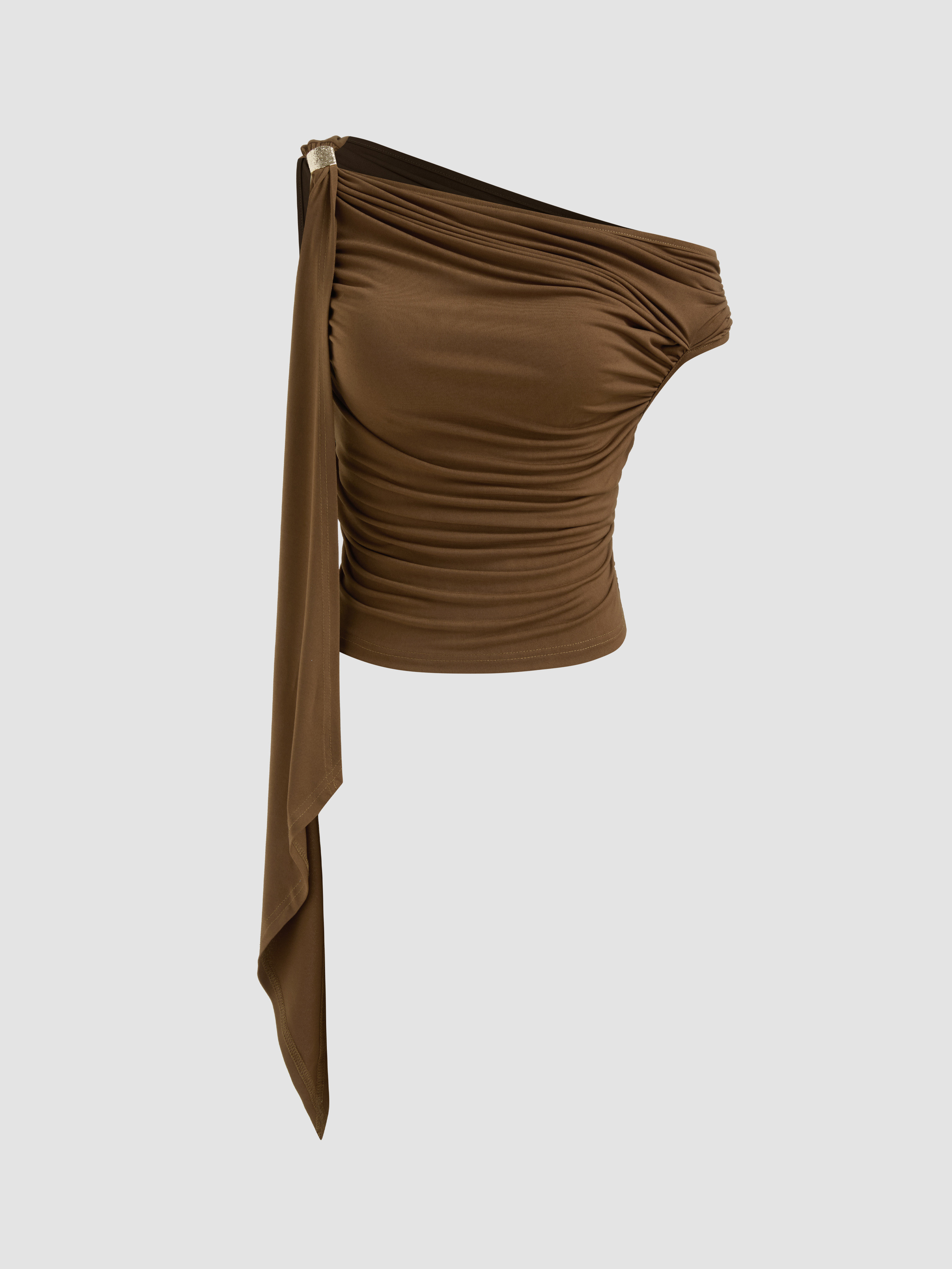 Knit Fabric Asymmetrical Neck Solid Ruched Ruffle Hem Crop Top For Date Work | Cider