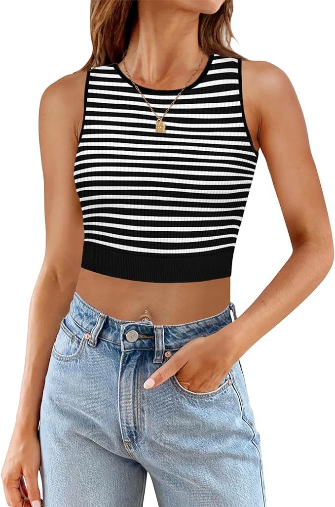 MEROKEETY Women's Ribbed Knit Crop Tank Tops Summer Y2K Striped Sleeveless Shirts | Amazon (US)