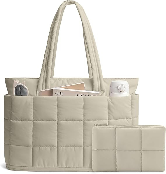 Tote Bag for Women Puffer Tote Bag Large Quilted Carry on Travel Bag Nurse Bag with Zipper for Wo... | Amazon (US)