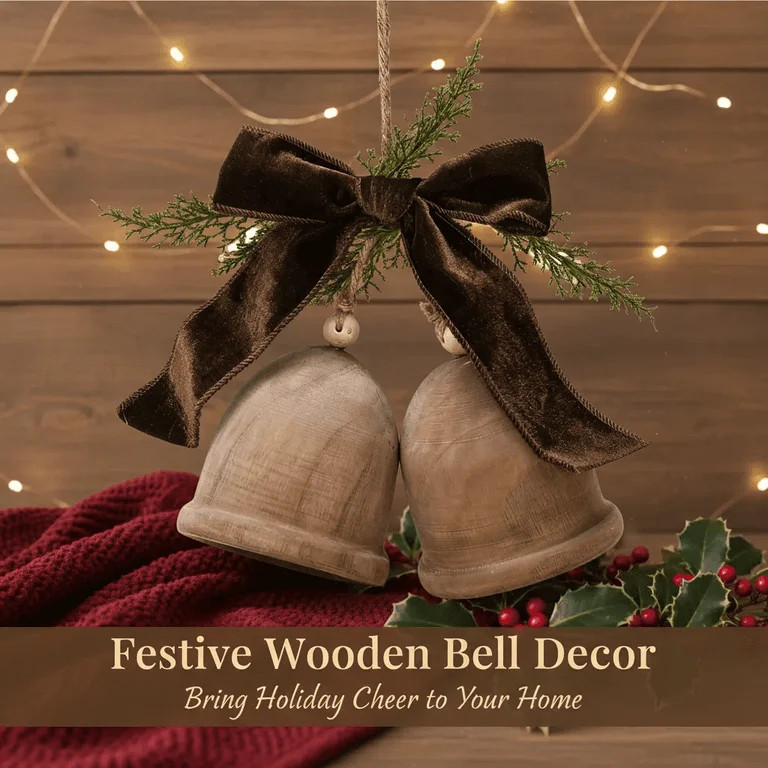 Wooden Bells with Bow Hanging Christmas Decoration,Christmas Bells, Brown - Walmart.com | Walmart (US)