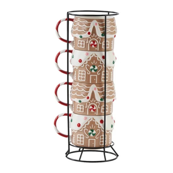 Gingerbread House Stacking Ceramic Mug Set 11.5 OZ 4-Piece Holiday Time | Walmart (US)