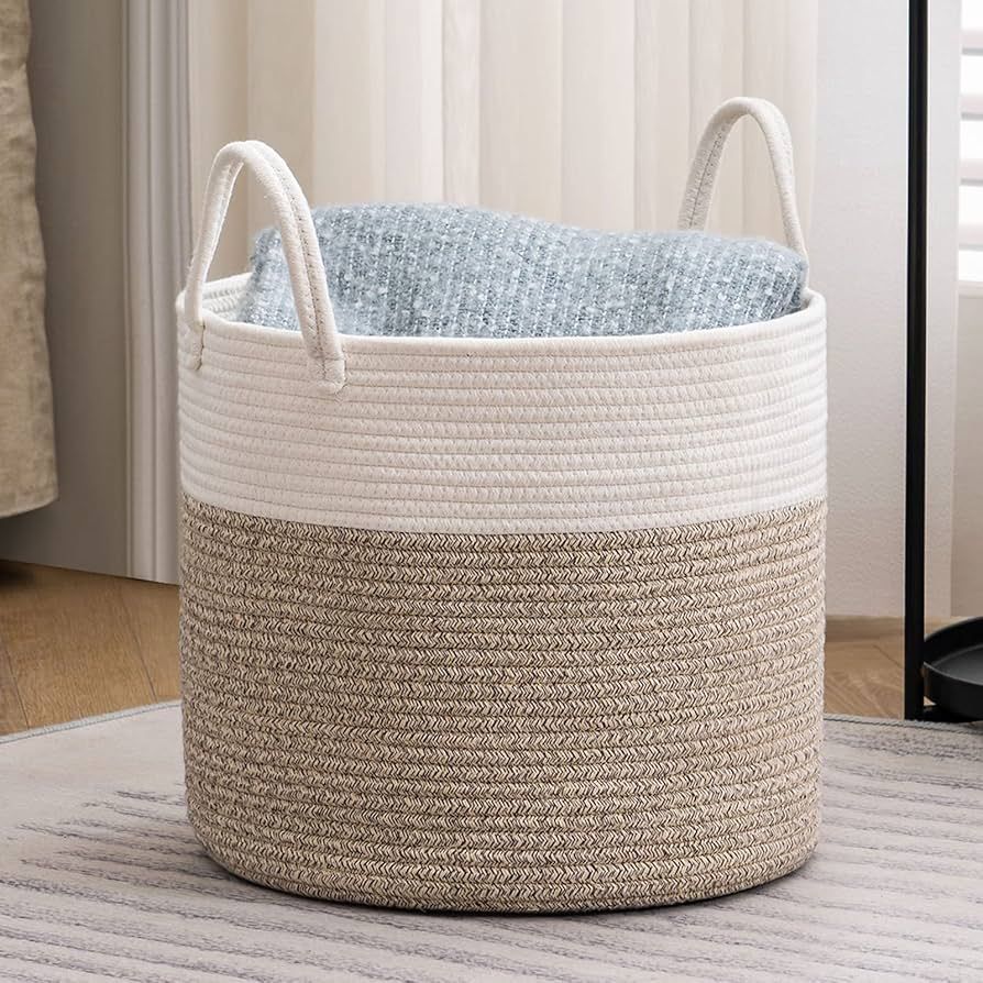 YOUDENOVA Blanket Basket Hamper for Living Room, Decorative Wicker Rope Basket for Blankets with ... | Amazon (US)