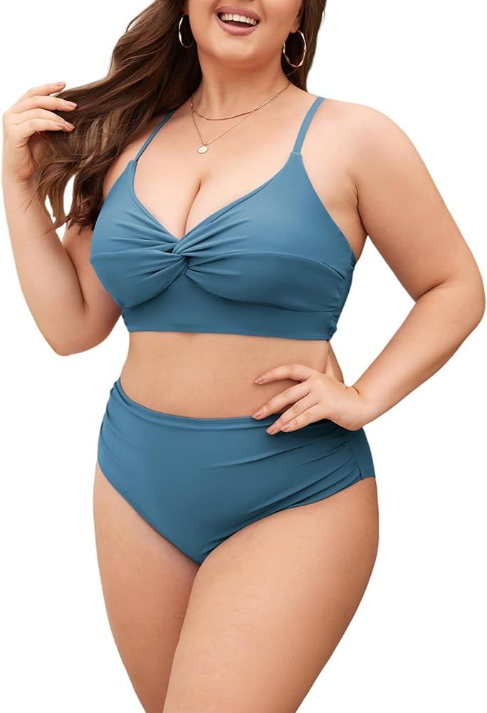 ZAFUL Plus Size Twist High Waisted Bikini Sets for Women Push Up Bikini Swimsuits Tummy Control 2... | Amazon (US)