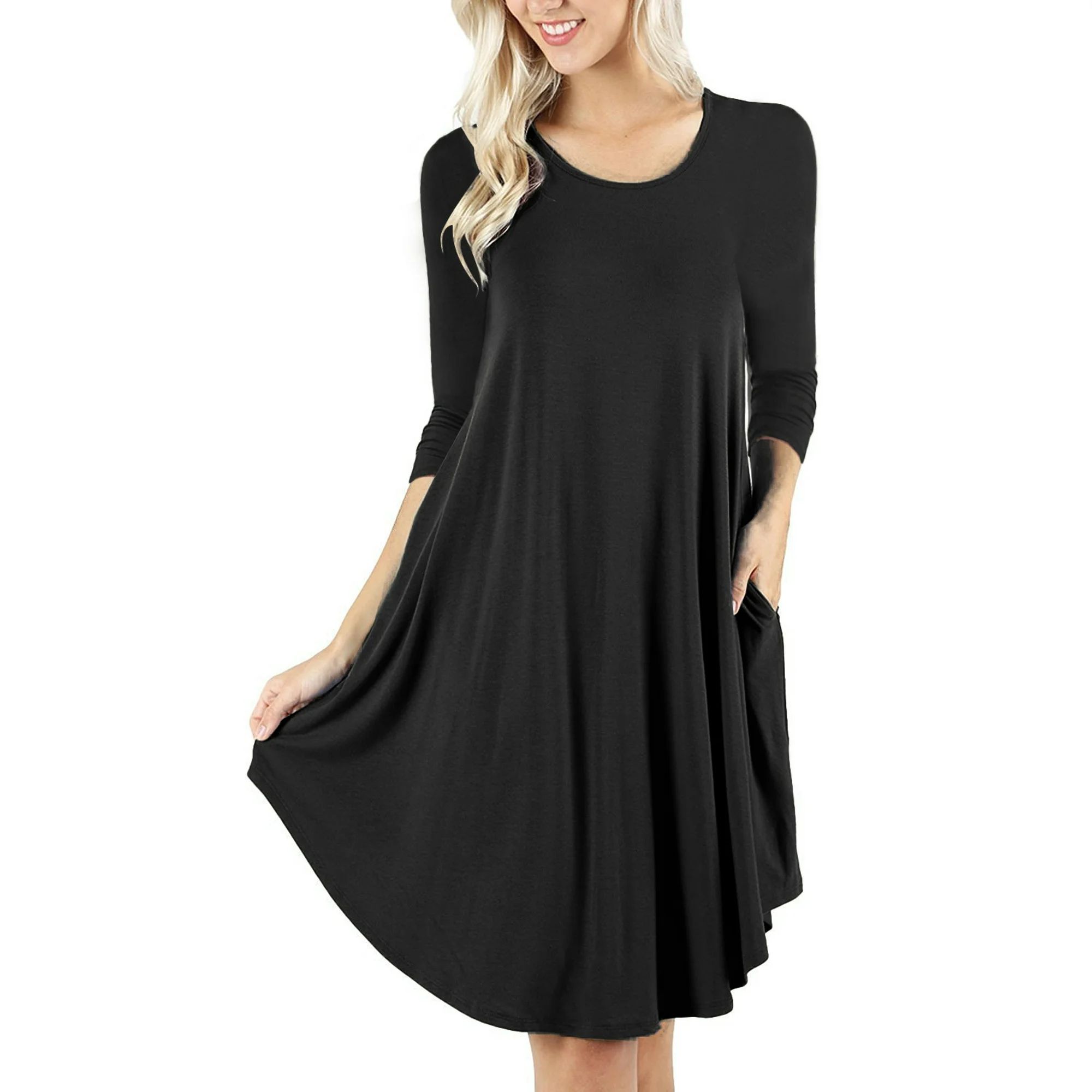 Mengpipi Women's T-Shirt Dresses Long Sleeve Plain Flowy Women Midi Dress with Pocket Black, L | Walmart (US)