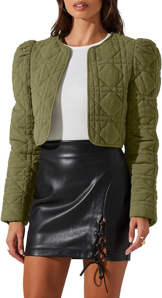 Fazortev Women's Cotton Quilted Lightweight Jacket Puff Sleeve Collarless Open Front Crop Jacket ... | Amazon (US)