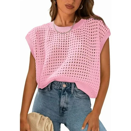 PRETTYGARDEN Womens Spring Tops Summer Shirts Crochet Cap Sleeve Sweater Pullover Cute Crew Neck Beach Cover Ups | Walmart (US)