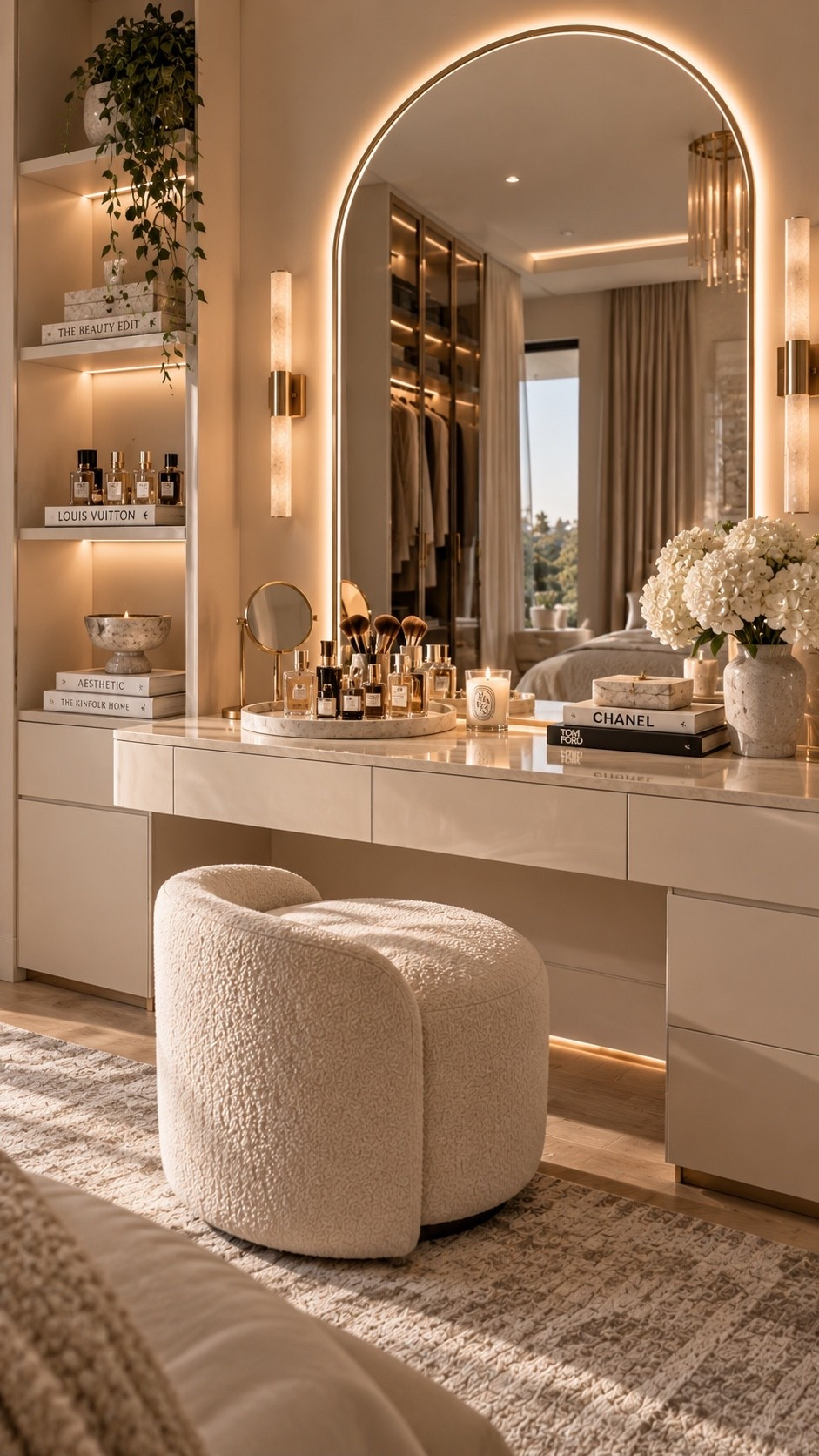 Shop This Space — link below. Recreate this elegant neutral makeup vanity with a sleek cream dressing table, oversized arched mirror, soft bouclé stool and warm integrated lighting. Styled perfume bottles, beauty organizers, white florals and softly illuminated shelving create a polished hotel-inspired beauty space with an elevated quiet-luxury feel.

#MakeupVanity #VanityInspo #MakeupRoom #BeautyRoom #VanityDecor #LuxuryVanity #DressingRoom #VanityOrganization #BeautyOrganization #MakeupOrganization #QuietLuxury #NeutralHome #LuxuryInteriors #WarmModern #InteriorDesign #HomeDecor #LuxuryHome #VanityIdeas #BeautySpace #GlamRoom #InteriorInspo #HomeInspiration #LTKHome #LTKFinds #AmazonHome