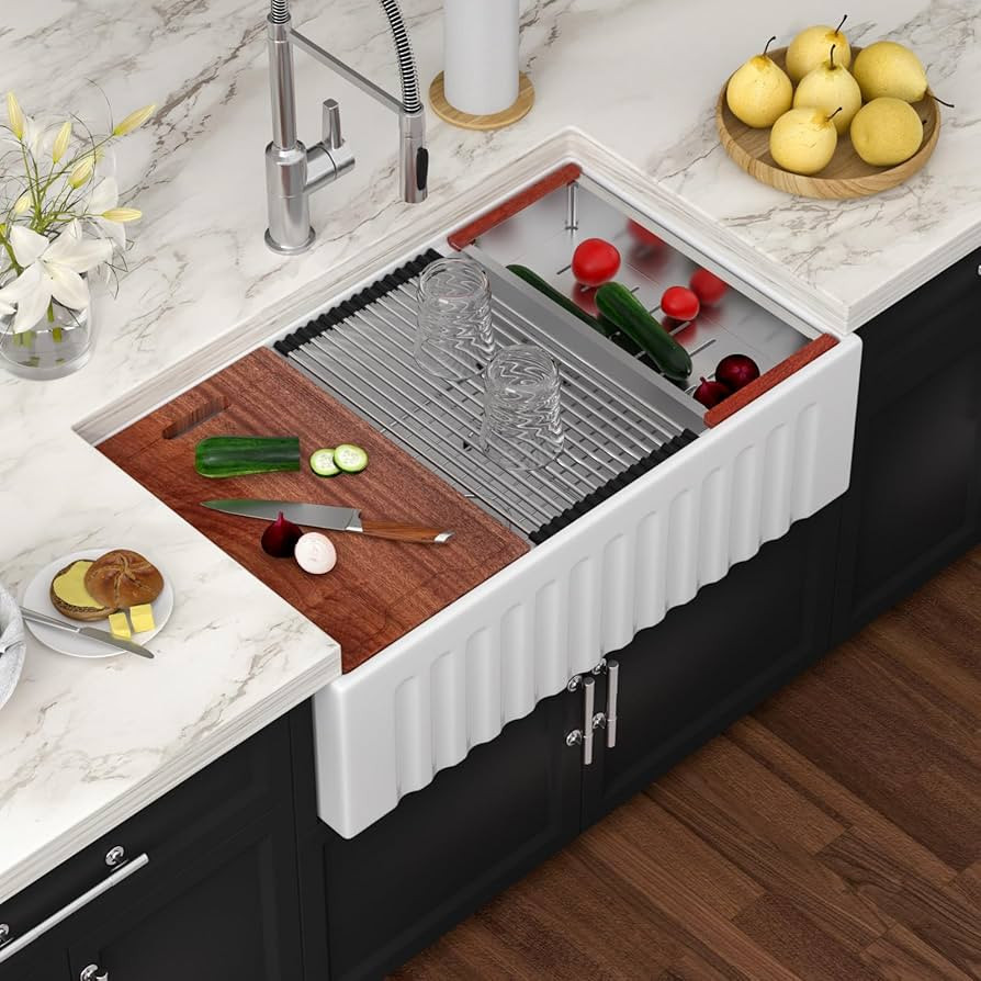 White Farmhouse Sink Workstation 33 Inch White Apron Front Fireclay Farm Sink Reversible Apron Ce... | Amazon (US)