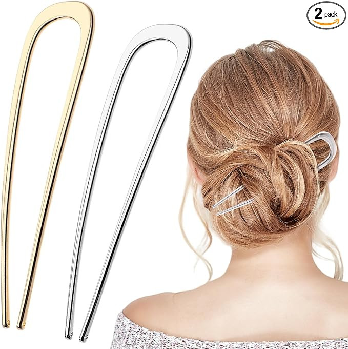 2pcs French Hair Pins, Metal U Shaped Hair Fork Sticks Metal Hairpin Elegant Updo Chignon Pins Ex... | Amazon (UK)