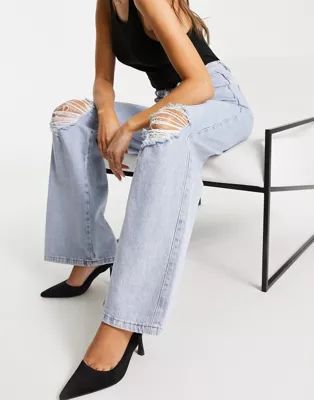 Glamorous wide leg relaxed jeans in light stone wash with rips | ASOS (Global)