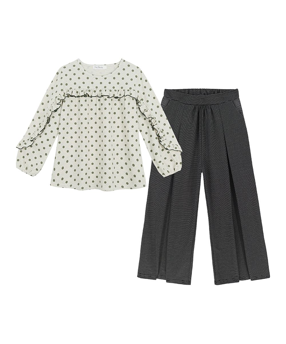 Trend Blossoms Girls' Dress Pants - Cream Dot Ruffle Long-Sleeve Top & Black Stripe Pleated Pants -  | Zulily