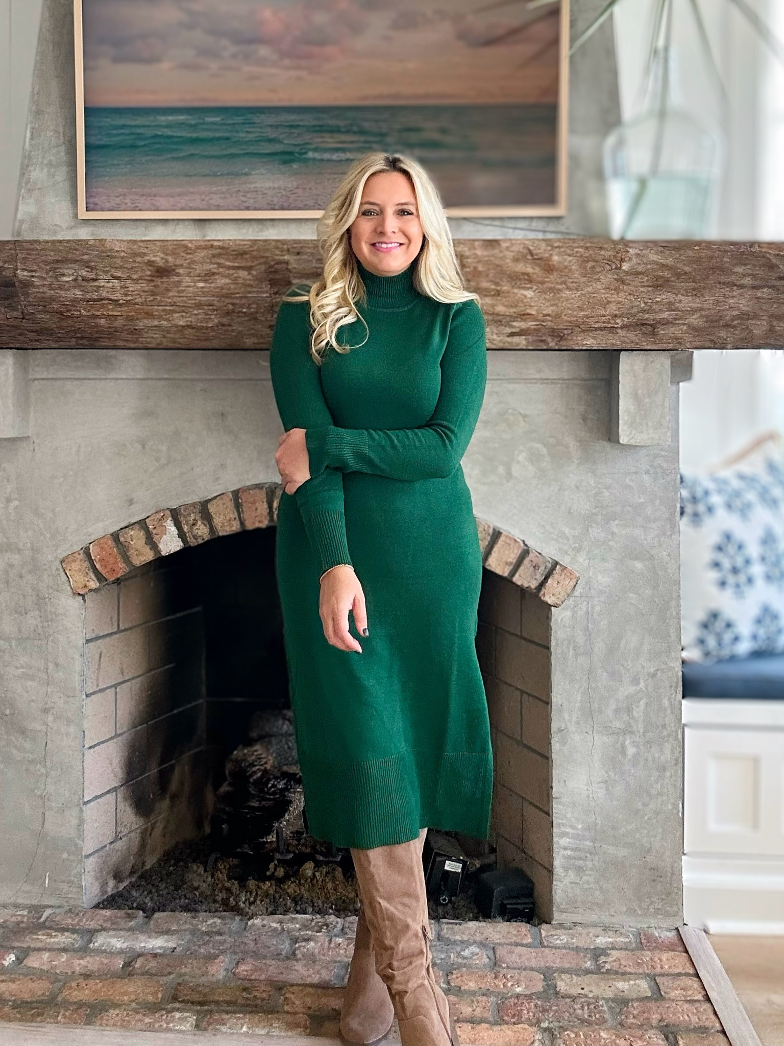 Long Emerald Green Knit Dress Black White Stripe Button Detail Rib Knit  Midi Dress