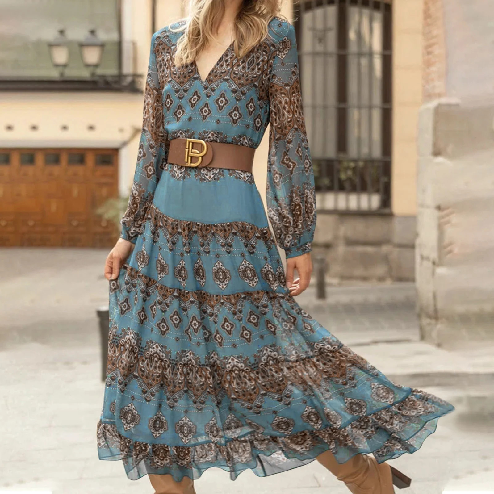 Ozmmyan Summer Dress Dresses for Women V Neck Chiffon Fall Women's Checkered Hairy Belly Cinching... | Walmart (US)
