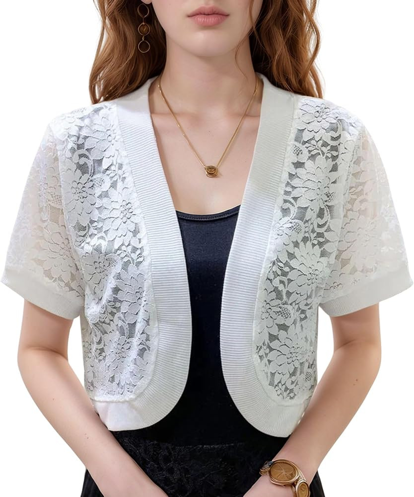 FindThy Women’s Cropped Bolero Shrugs Short Sleeve Open Front Floral Lace Hollow Out Cardigan J... | Amazon (US)