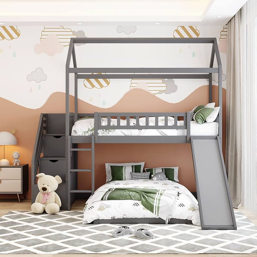 House Bunk Bed with Slide and Stair,Wooden Twin Over Twin BunkBed with Two Storage Drawers and Ro... | Amazon (US)