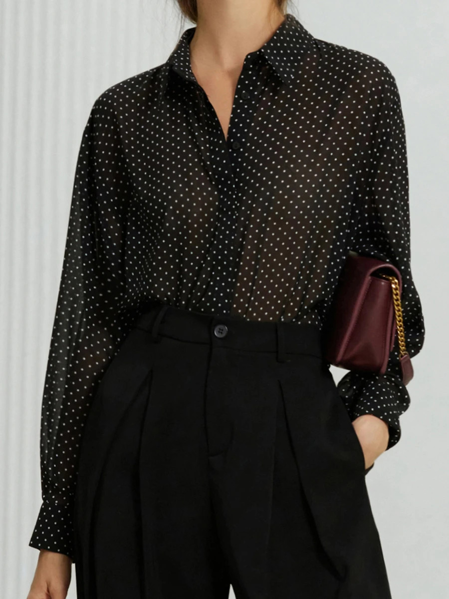 Aveloria Modichic Minimalist Classic Classy All-Match Versatile Black And White Polka Dot Chiffon Sheer Collar Long Sleeve Valentine's Day Autumn Women's Blouse Office | SHEIN