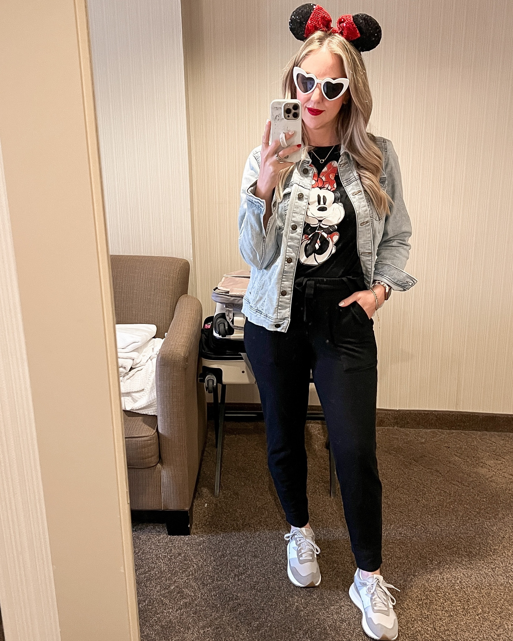 Disneyland outfit - black joggers, black Minnie t-shirt, denim jacket, heart sunnies and ears 

#LTKtravel #LTKunder50