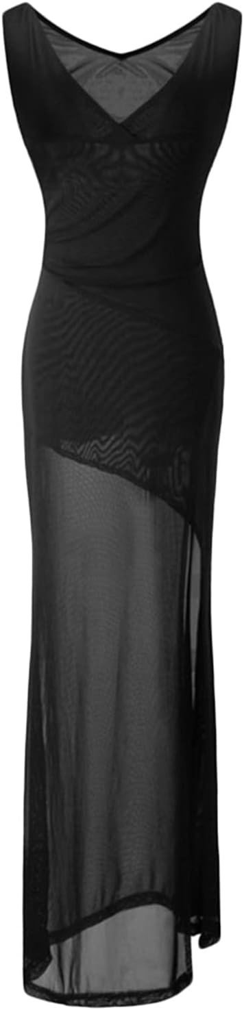 Women's Sleeveless Side Split Maxi Dress Sexy V Neck Bodycon Clubwear Mesh See Through Evening Ve... | Amazon (US)